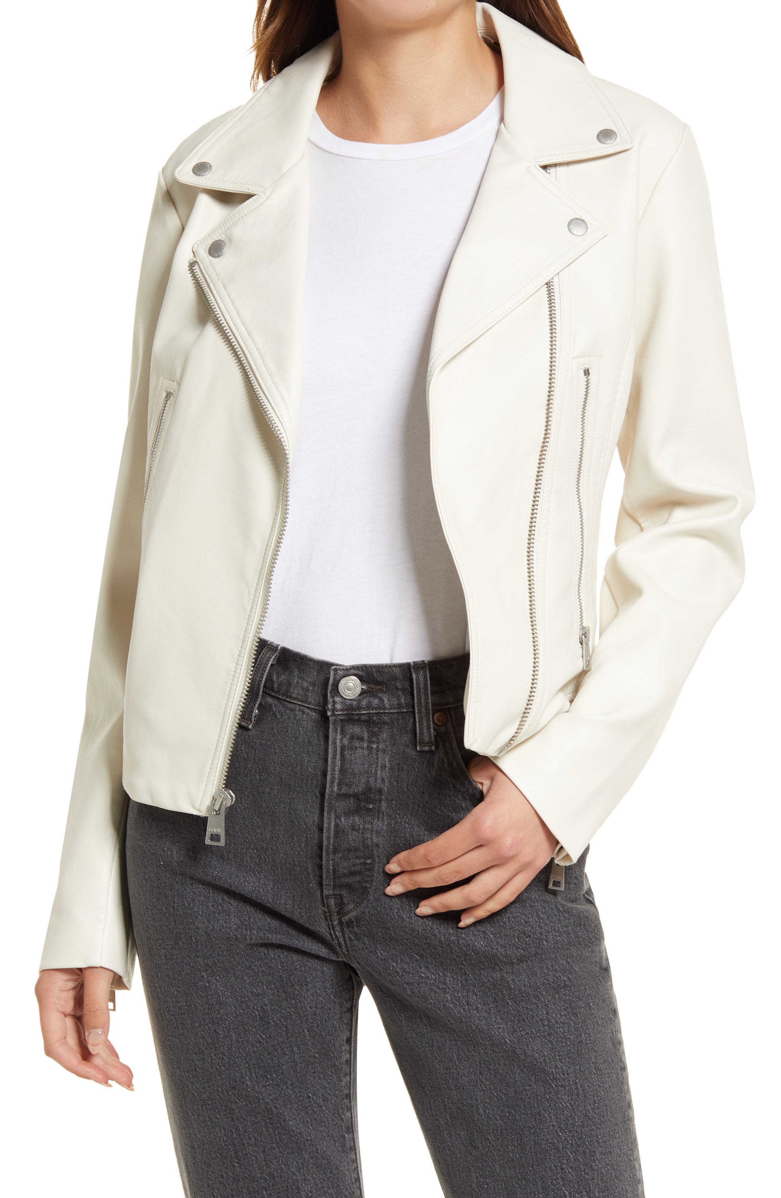 White faux leather biker jacket Clearance